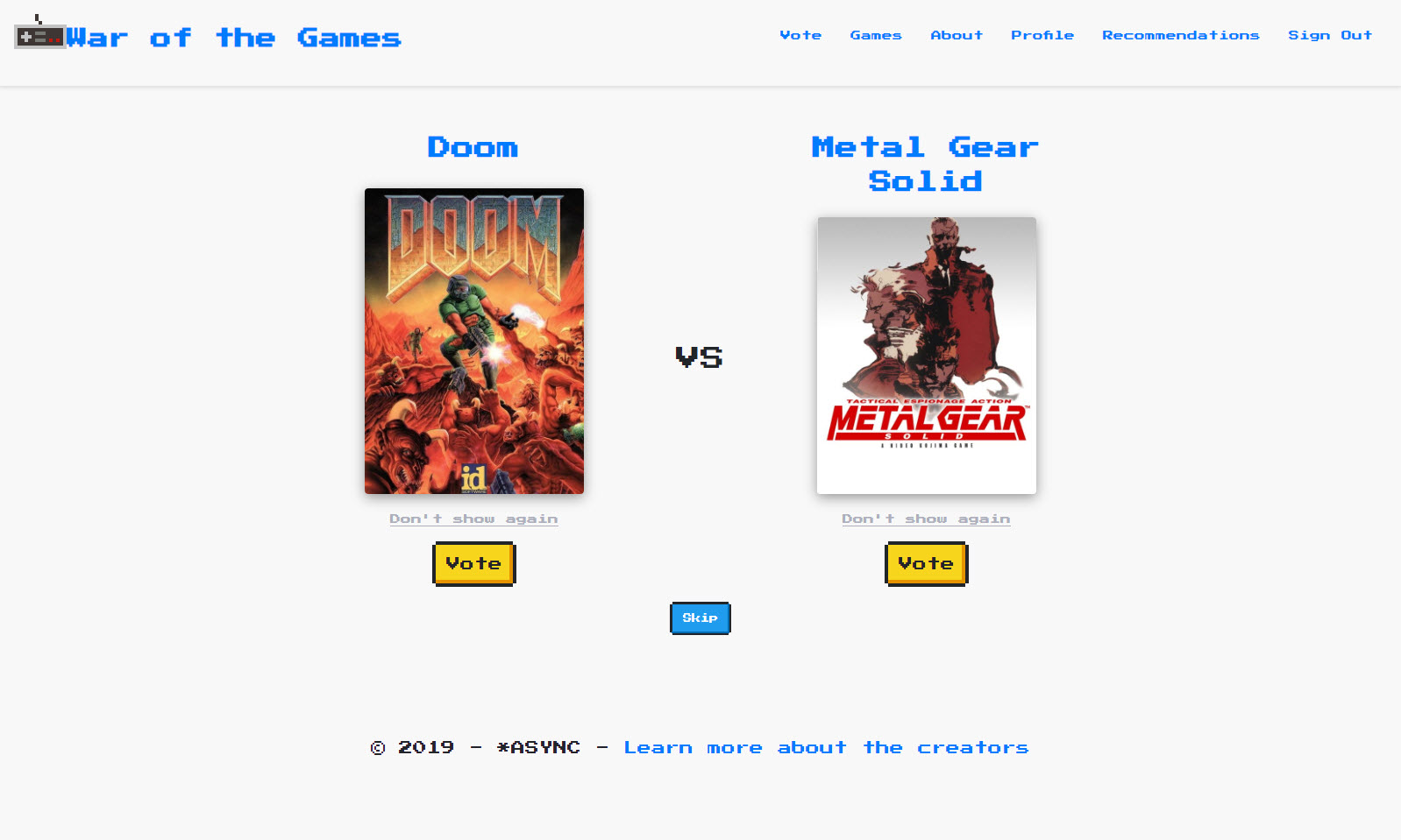 A screenshot of the War of the Games homepage