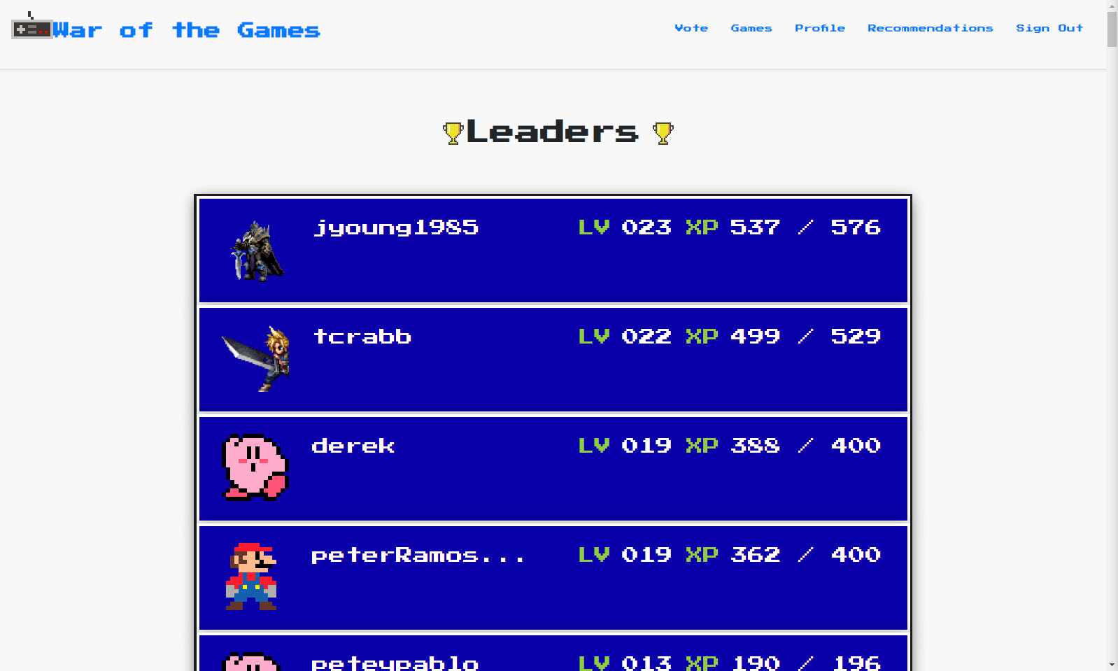 A screenshot of the leaderboard page