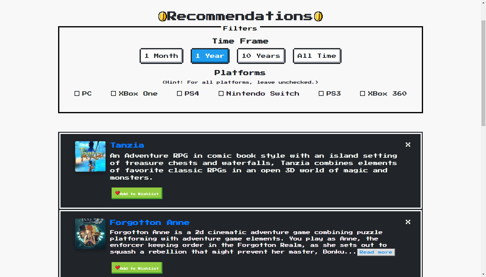 A screenshot of the recommendations page