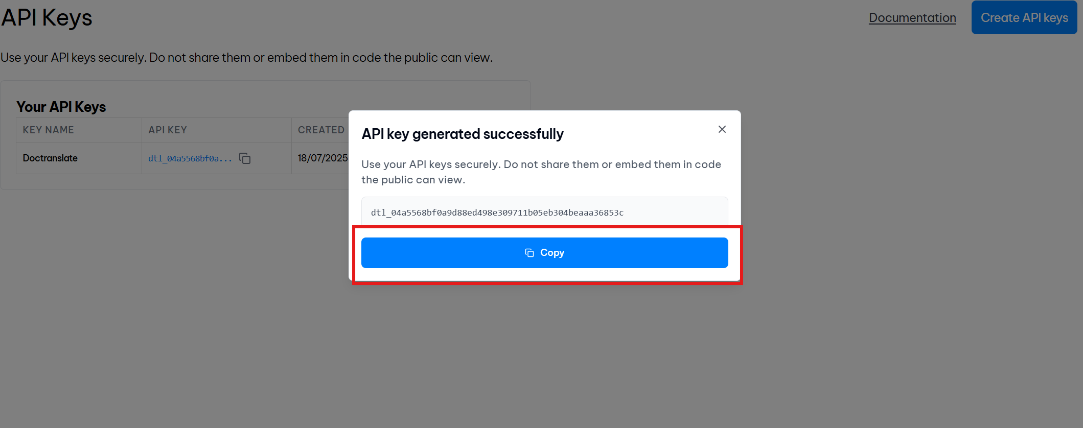 Step 3: Copy Generated API Key