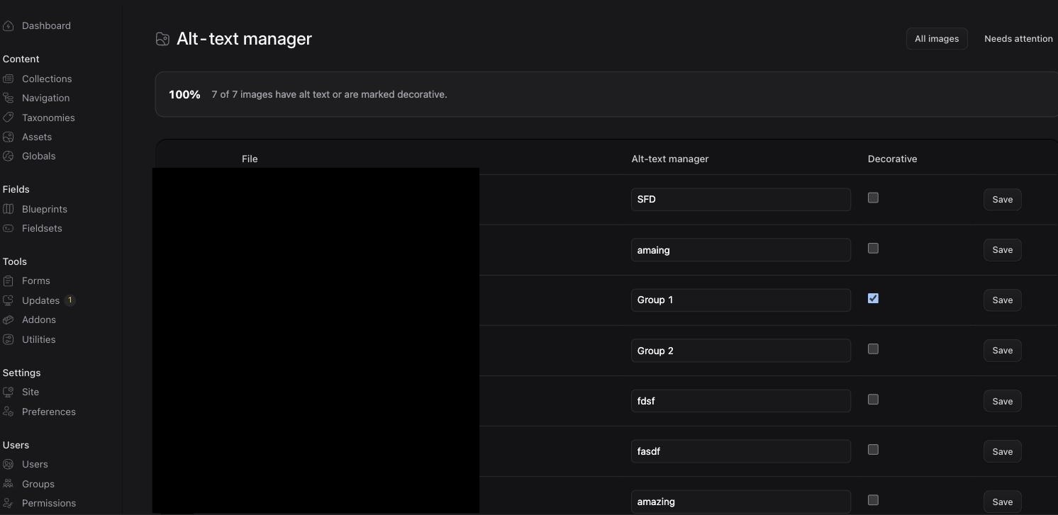 Alt-text manager listing every image asset with its alt text, a coverage percentage, and a decorative flag