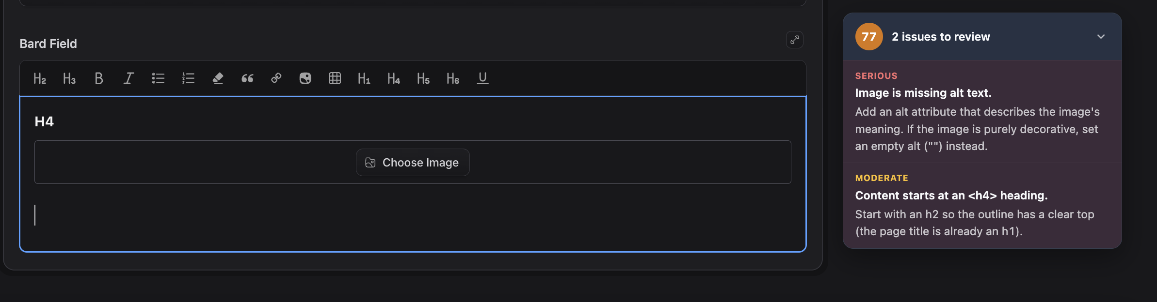 Author Assist flagging a missing alt attribute and a skipped heading level, live in the Bard editor