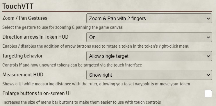 TouchVTT Module Settings Screenshot