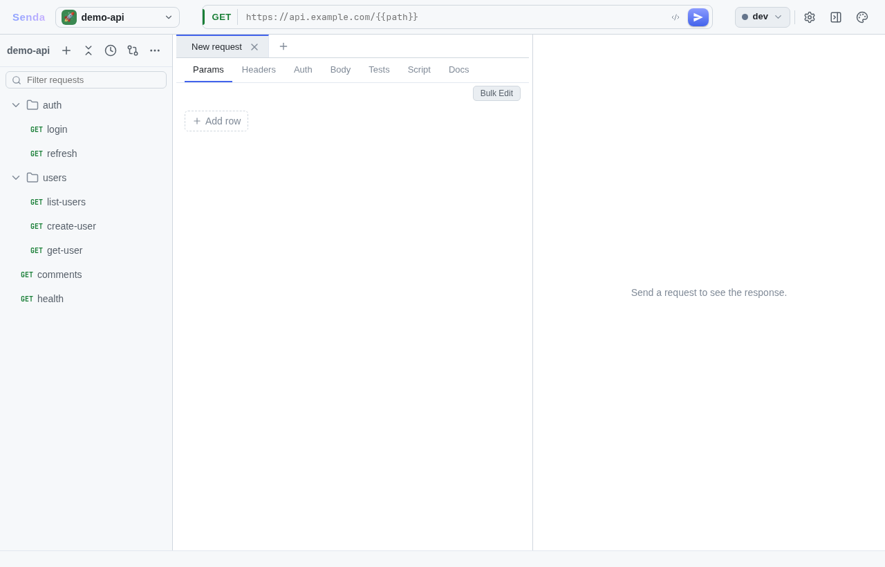 Collection open with request tree and environment switcher