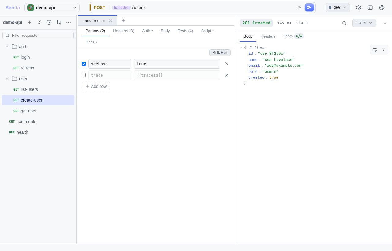 Request sent β 201 Created, 142ms, response body