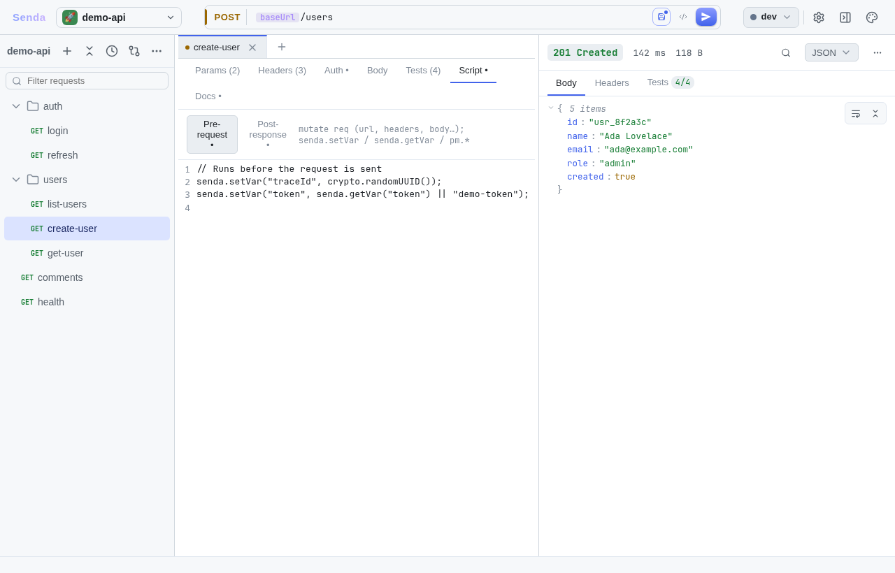 Script tab β Goja JS sandbox with pre and post request scripts