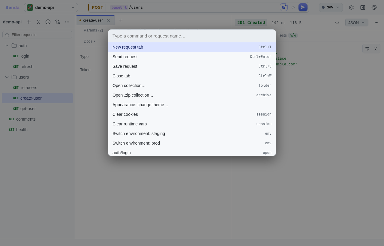 Command palette β fuzzy search requests and actions with Ctrl+K