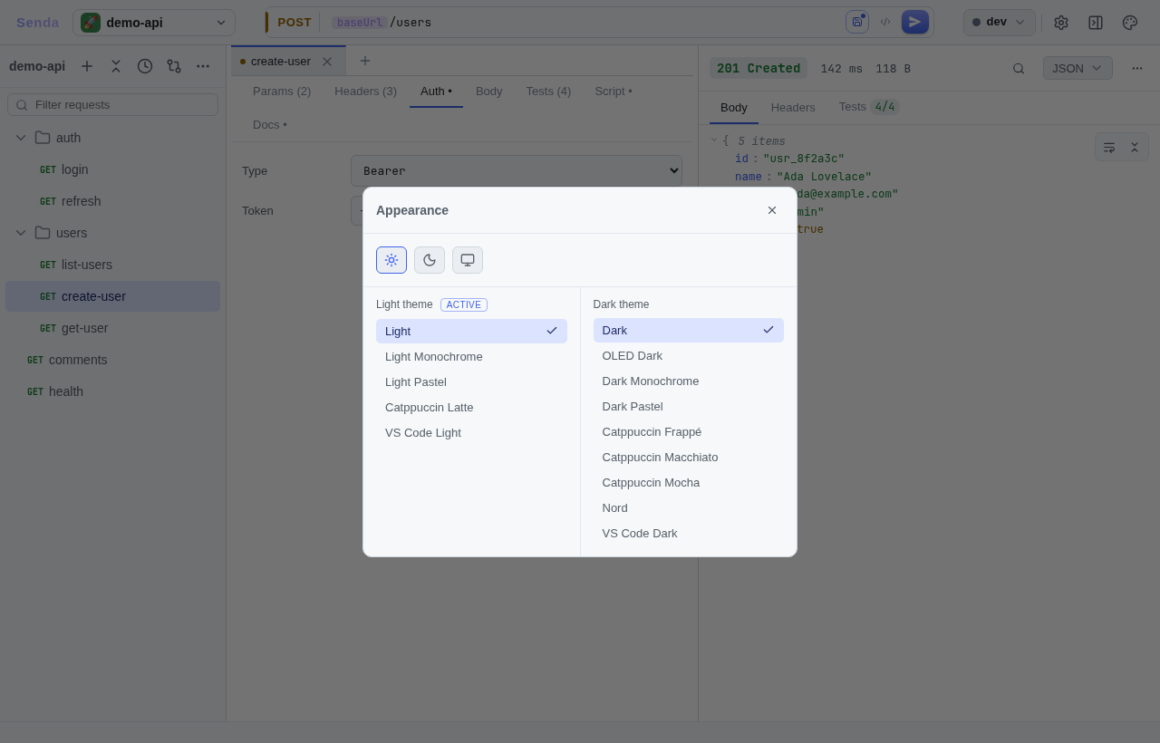 Appearance dialog β light/dark/system mode and per-side theme pickers