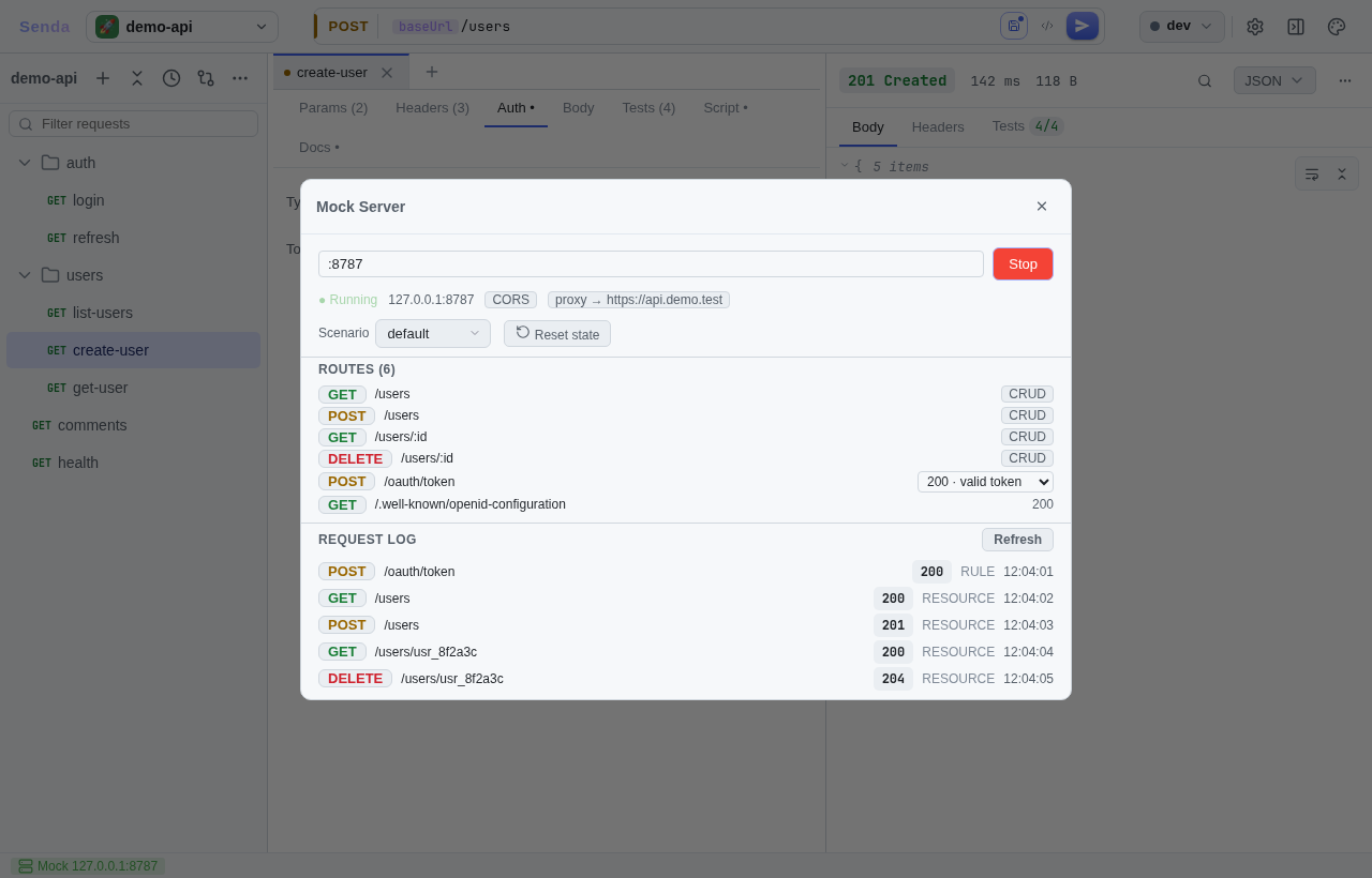 Mock server β live routes, scenarios, and request log