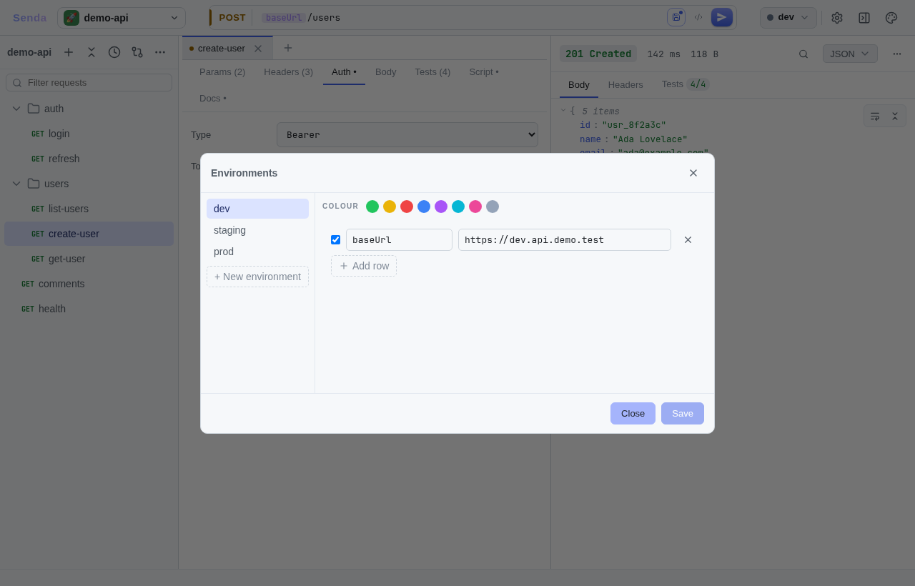 Environment editor β per-environment variables