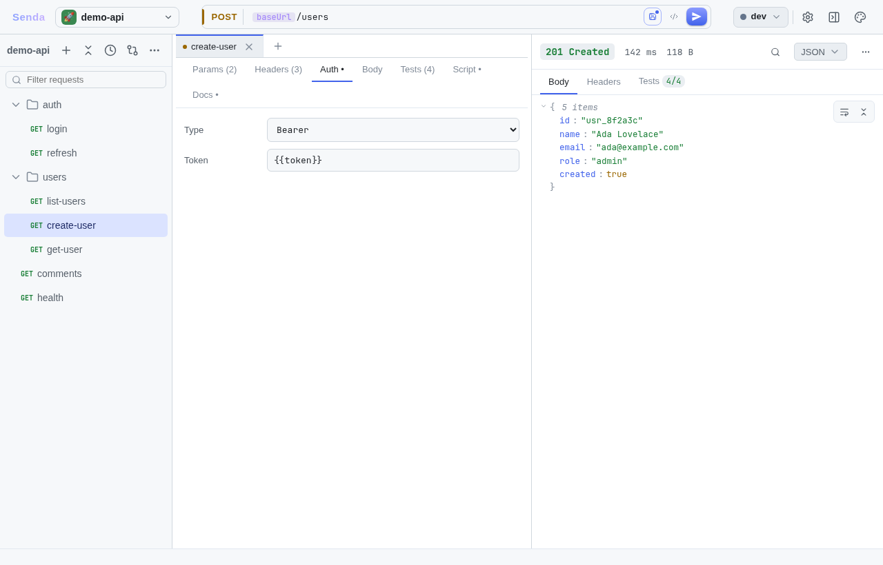 Auth tab β Bearer, Basic, API key, and OAuth 2.0