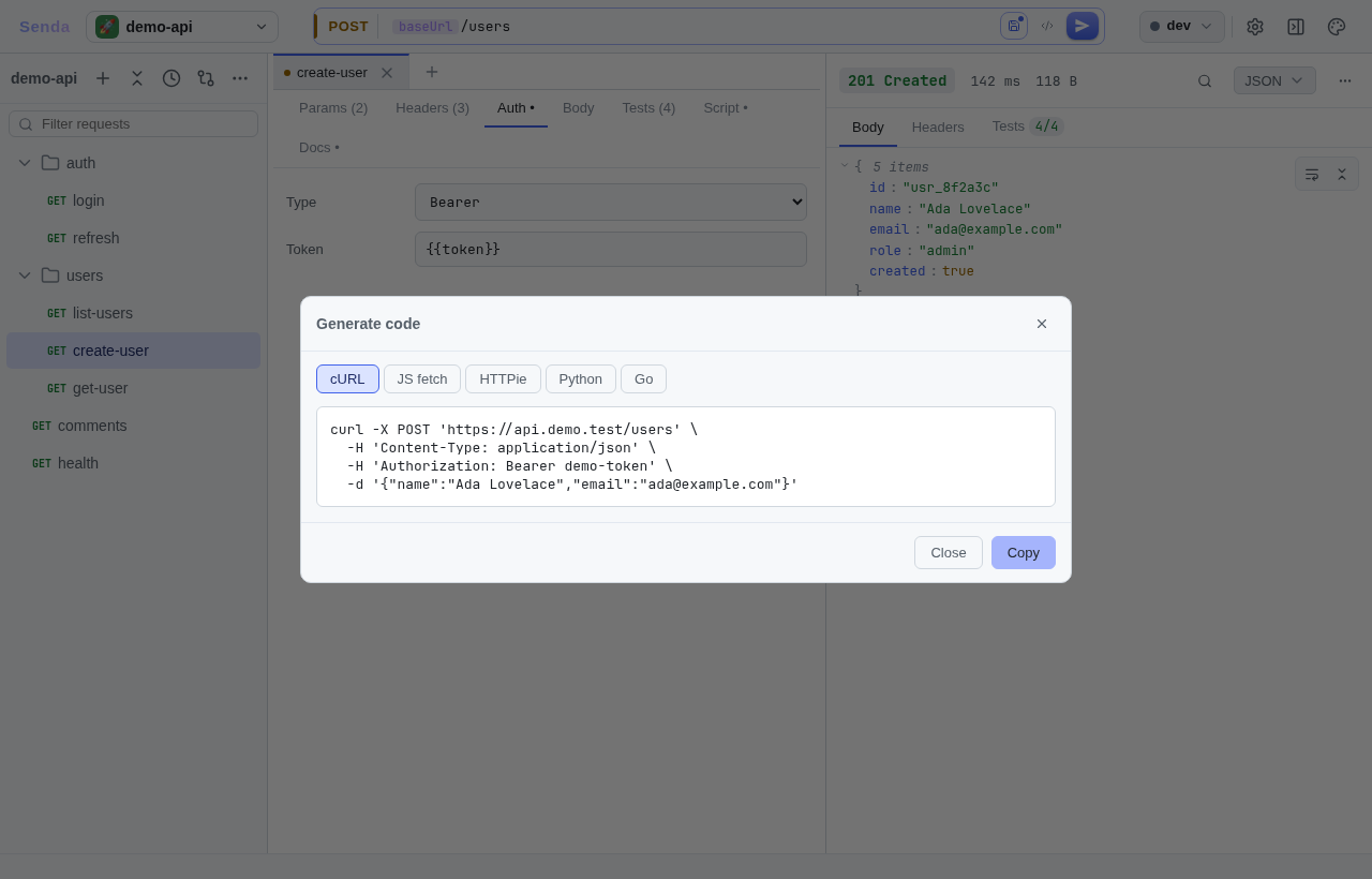 Code generation β curl, fetch, httpie, python, go