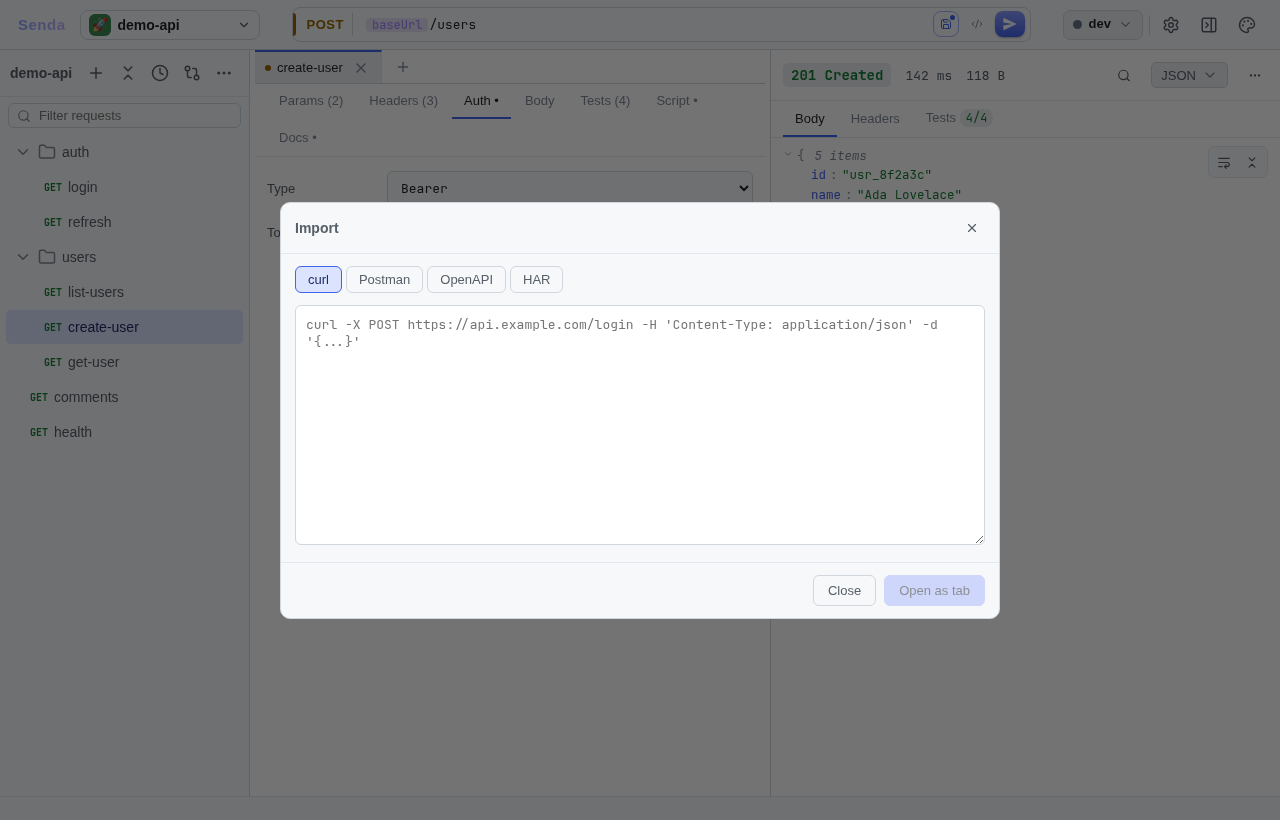 Import dialog β curl, Postman collections, OpenAPI specs, and HAR captures