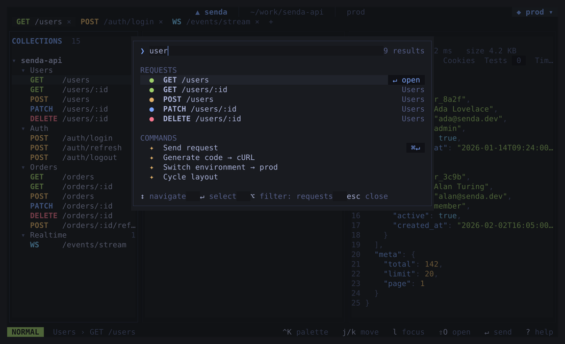 Command palette β fuzzy jump to requests and actions
