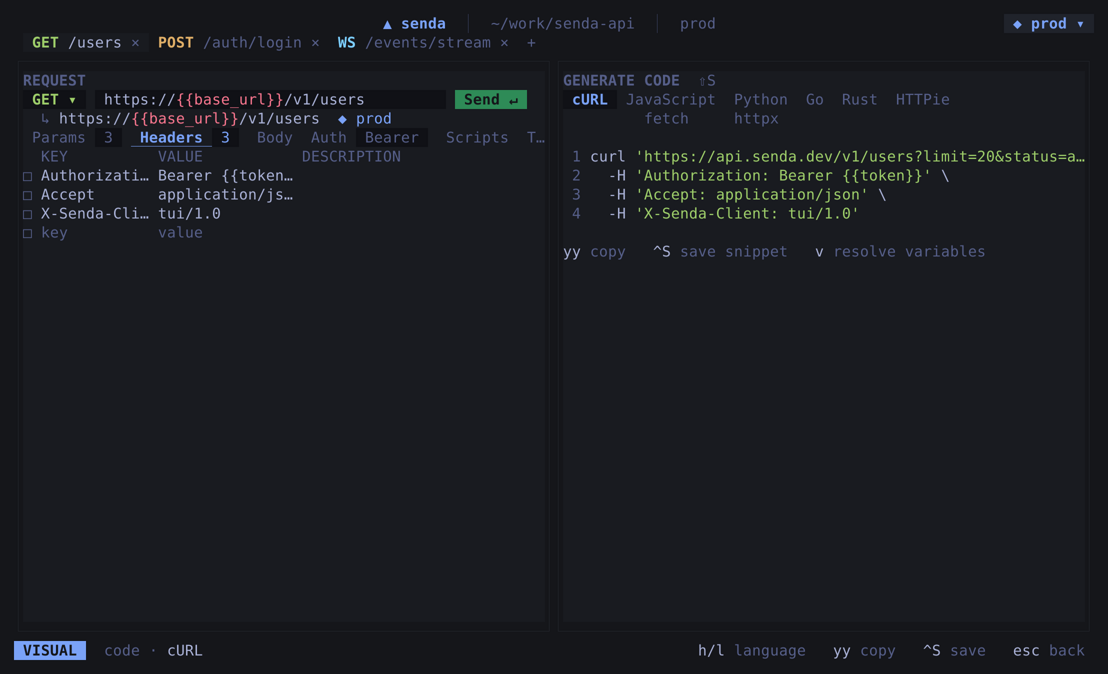 Code export β curl, fetch, httpie, python, go