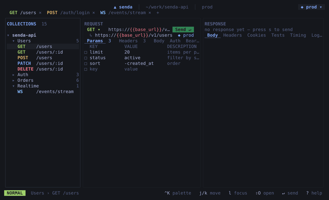 senda terminal UI walkthrough β open a request, send it, inspect the response and tests, drive the command palette, switch environments, flip layouts