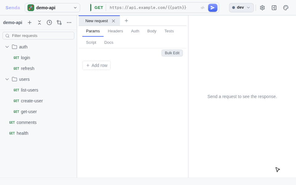Walkthrough β open a collection, send a request, inspect the response, run tests, switch theme
