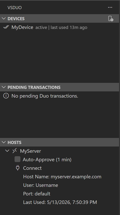 VSDuo activity bar with devices, transactions, and hosts