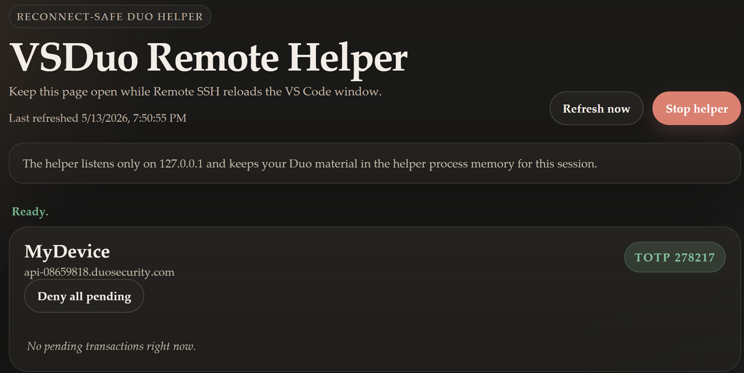 VSDuo helper page in the browser