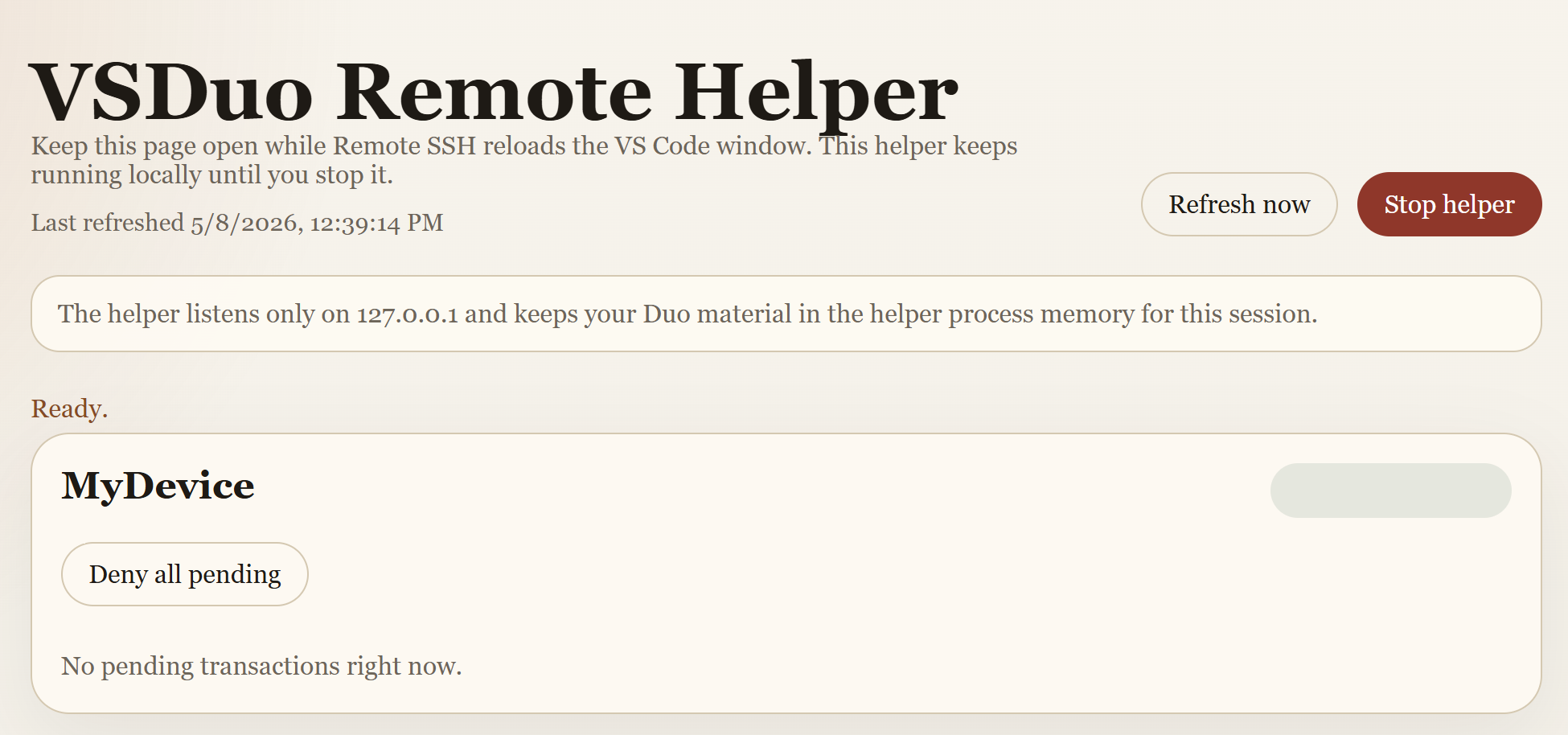 VSDuo helper page in the browser