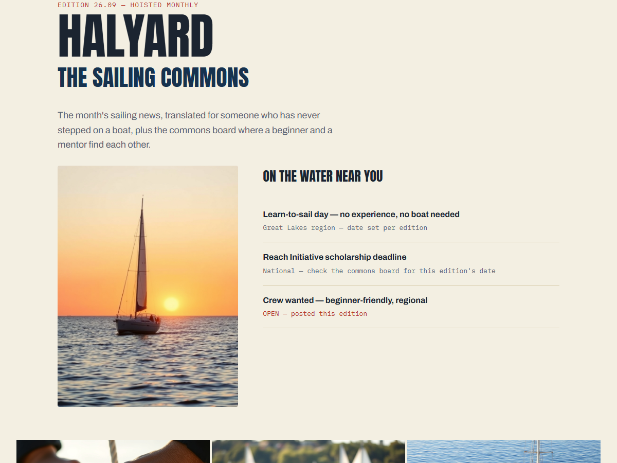 Screenshot of Halyard: free WordPress FSE theme for community sailing education