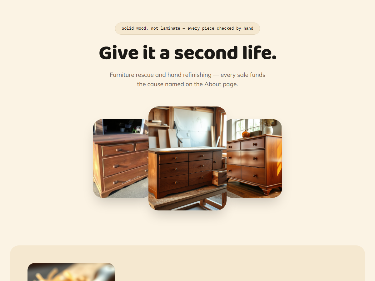 Screenshot of Kerf: free WordPress FSE theme for furniture rescue and resale