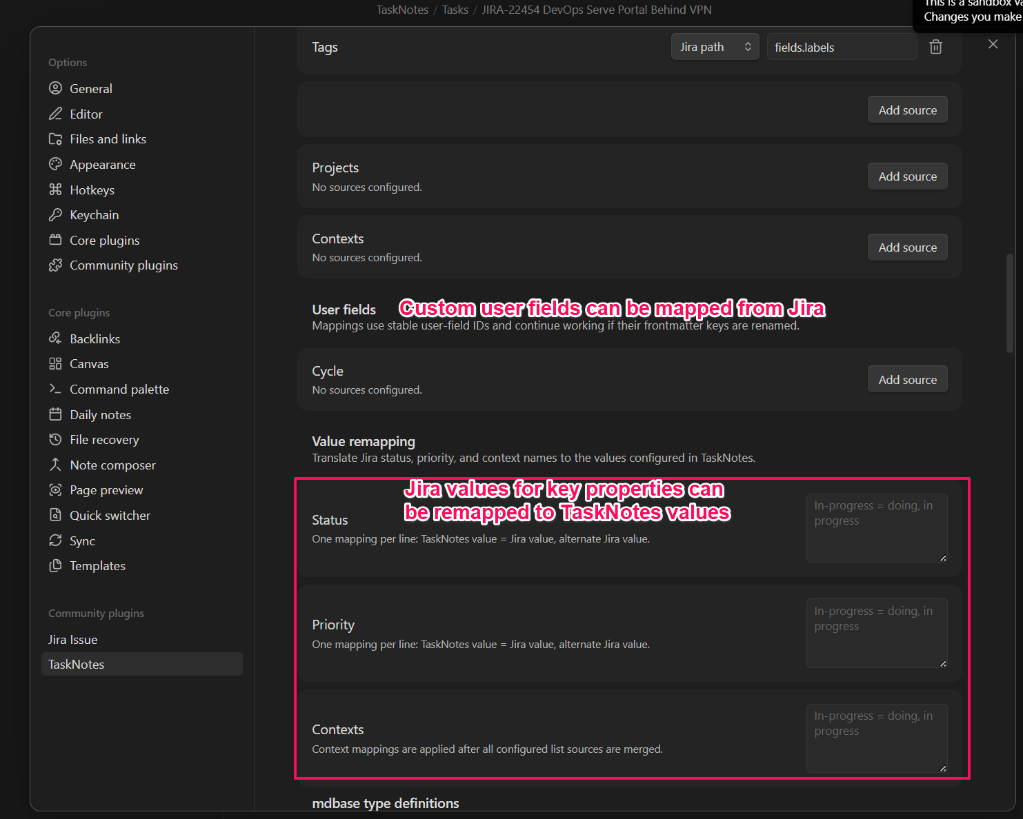 Configure TaskNotes value mapping