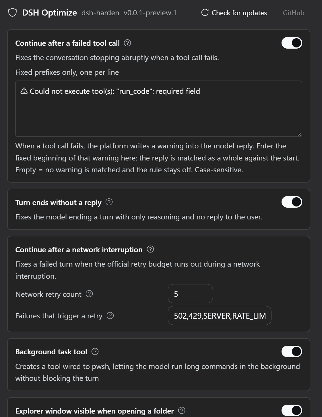 Settings (English · dark)