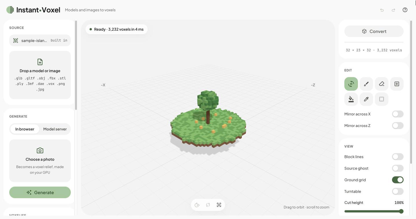 Instant-Voxel with the built-in sample island: Source and Generate on the left, the viewport, and Convert, Edit and View on the right