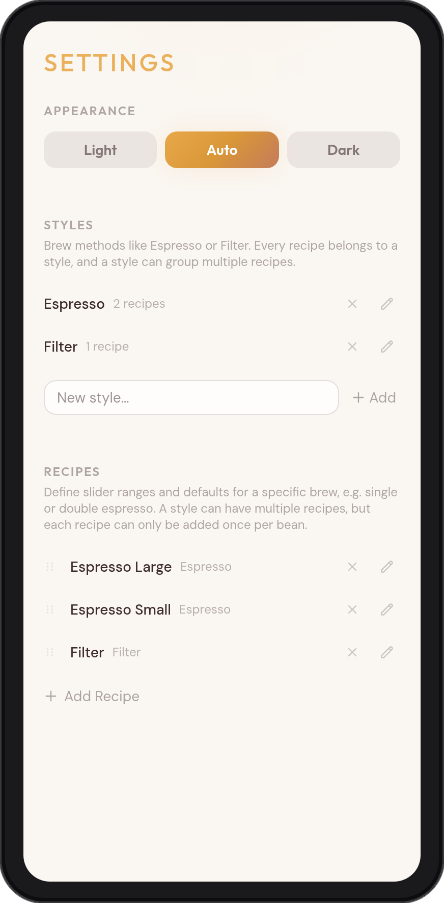 Settings with styles and recipe templates