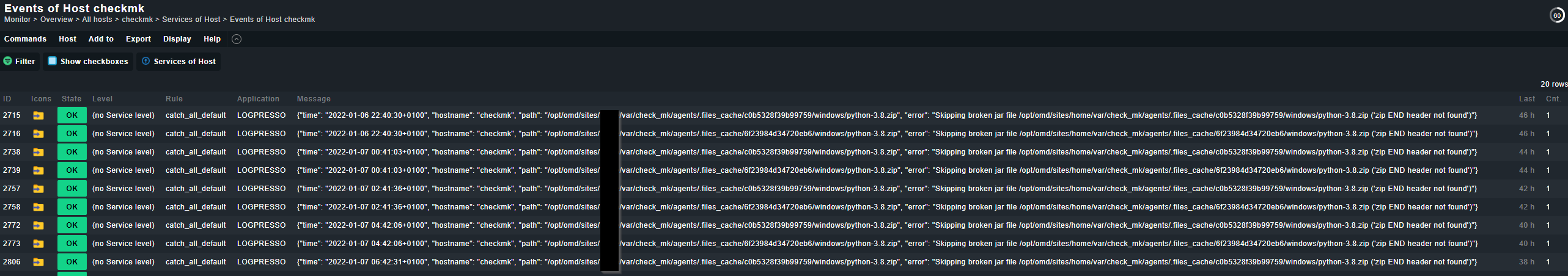 (sample syslog events in CMK event console)