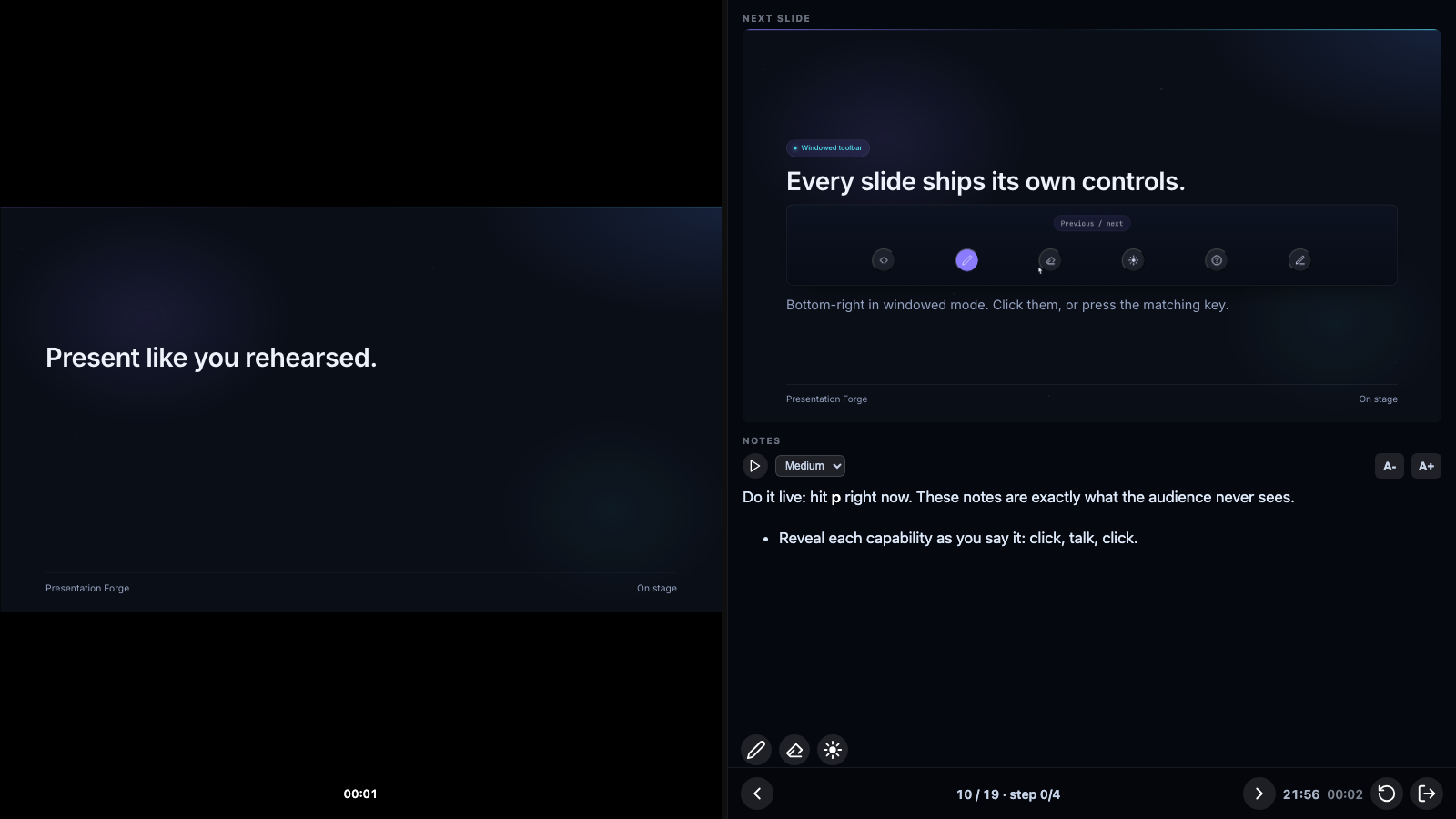Presenter mode: speaker notes, timer and next-slide preview