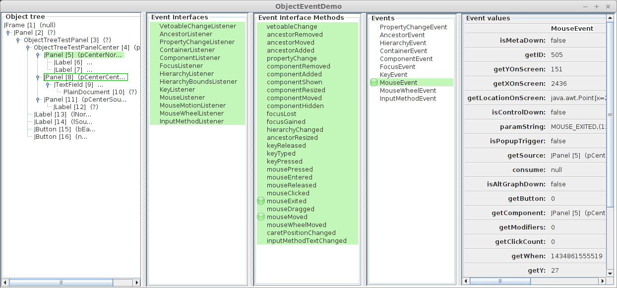 Object tree and event info frame