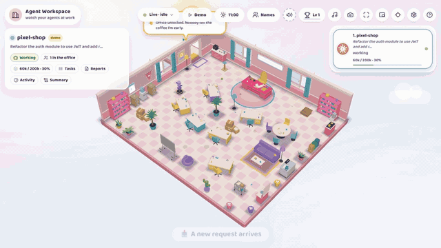 Agent Workspace tour: rooms for every session, coffee breaks, cats, a commit party, day and night, weather and seasons