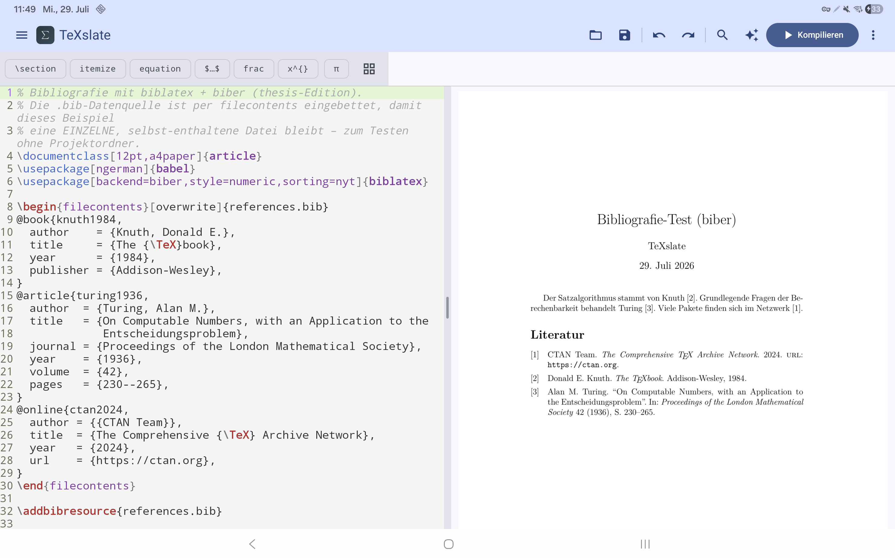 TeXslate thesis-Edition: biblatex mit backend=biber auf dem Tablet kompiliert, mit sortiertem nummeriertem Literaturverzeichnis