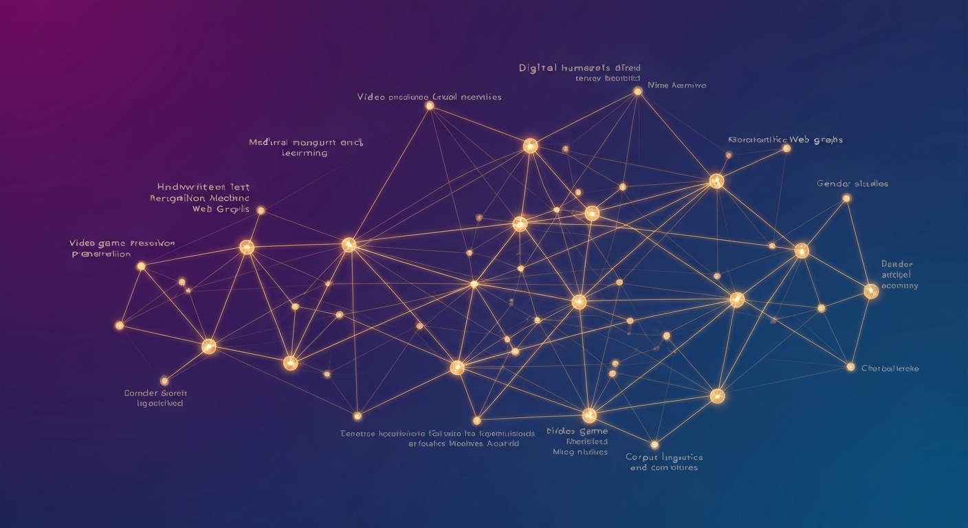 Network visualization of Digital Humanities topics: glowing nodes connecting text recognition, NLP, semantic web, gender studies, corpus linguistics, digital preservation, and more
