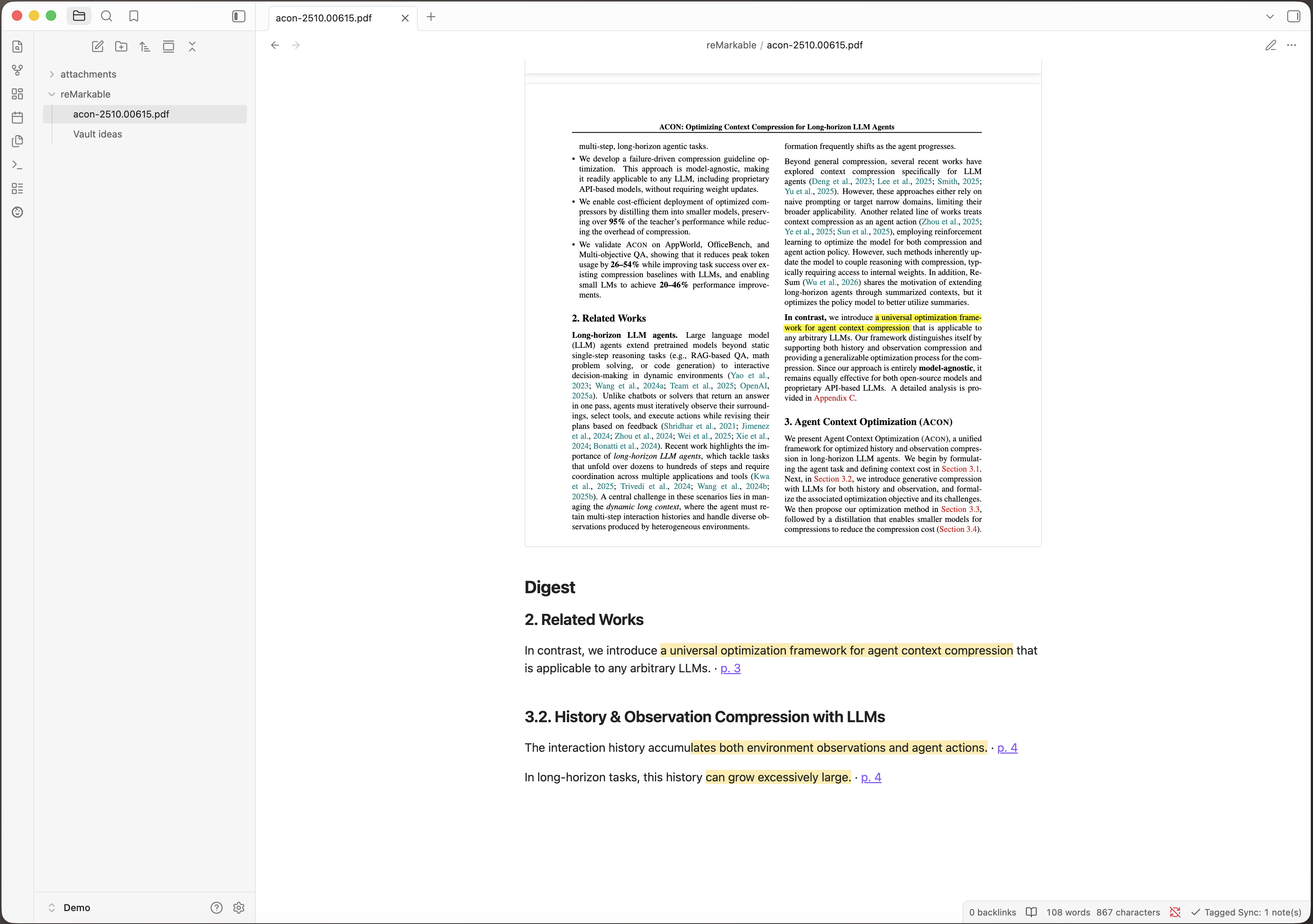 A digest in Obsidian: the annotated PDF embedded on top, below it the quotes grouped under their section headings, each linking back to its page