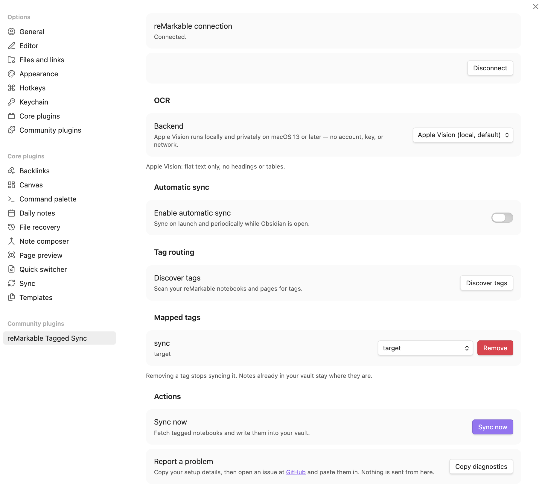The plugin settings: reMarkable connection, OCR backend, tag mapping, and the Sync now button
