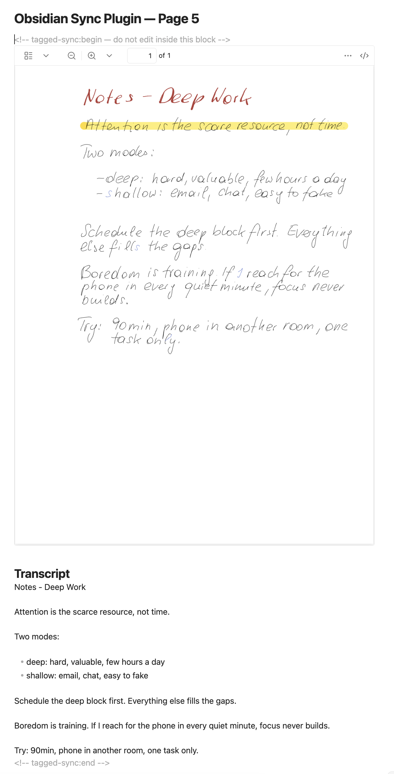 A synced note: the handwriting render embedded on top, the searchable transcript below it