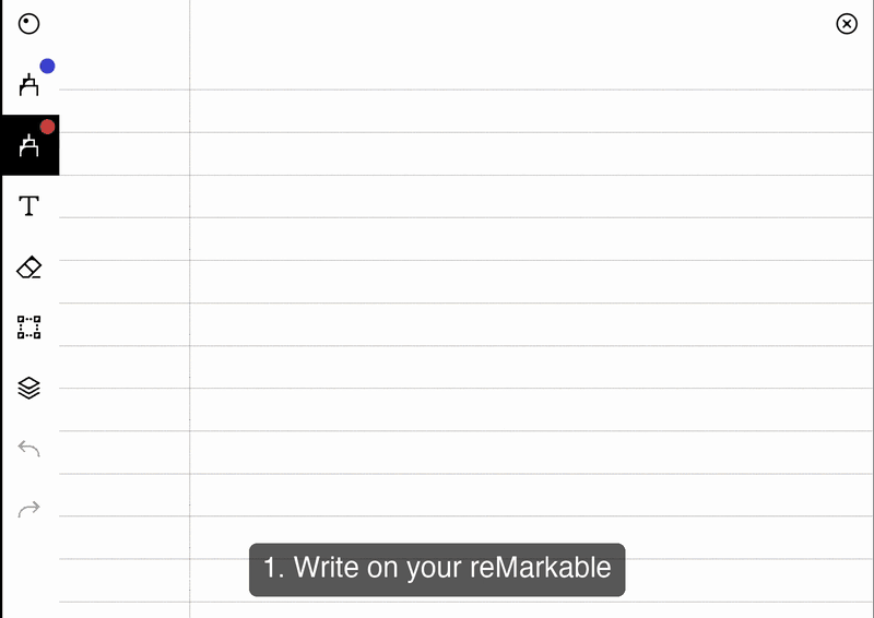 Writing a note on the reMarkable, tagging it sync, running Sync now in Obsidian, and the note arriving with the handwriting render and a searchable transcript split by page
