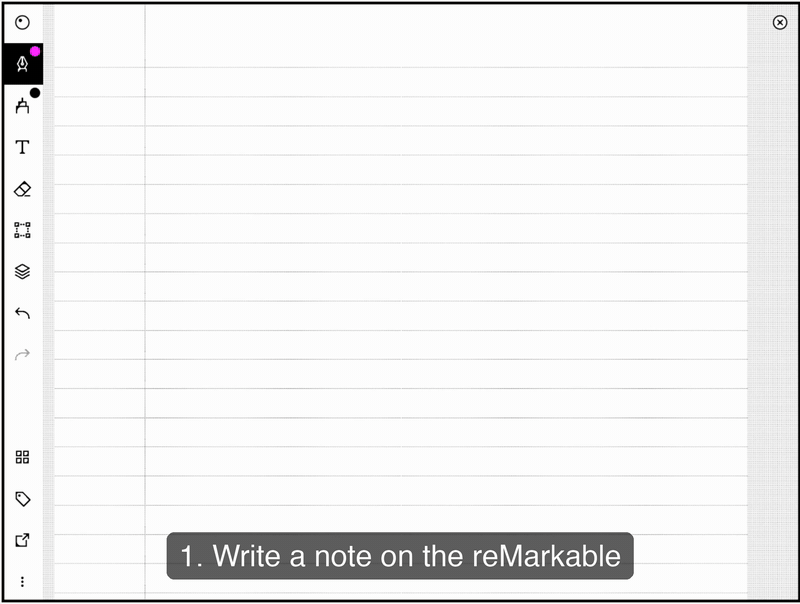 The whole flow in under 30 seconds: writing a note on the reMarkable, tagging it sync, running Sync now in Obsidian, and the resulting note with render and searchable transcript