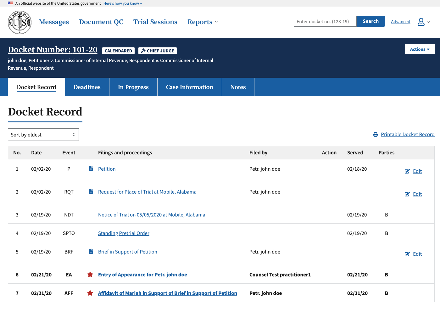 Case detail page / Docket record