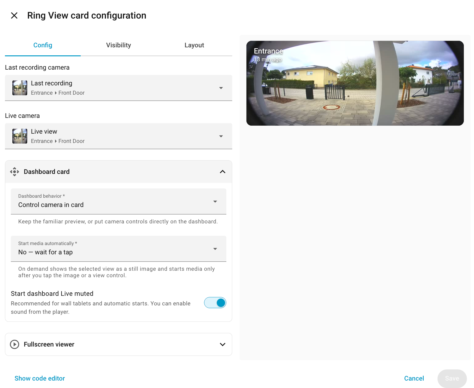 Ring View visual configuration editor with the interactive dashboard settings expanded