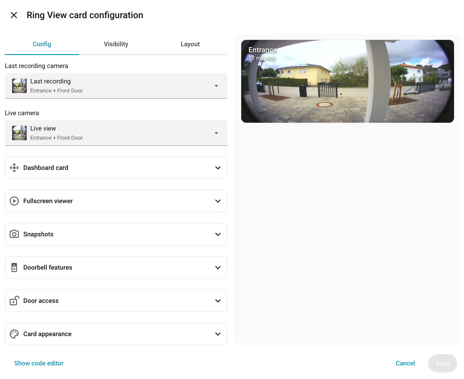 Ring View visual configuration editor showing camera selection, Dashboard card, Fullscreen viewer, Snapshots, Doorbell features, Door access, and Card appearance