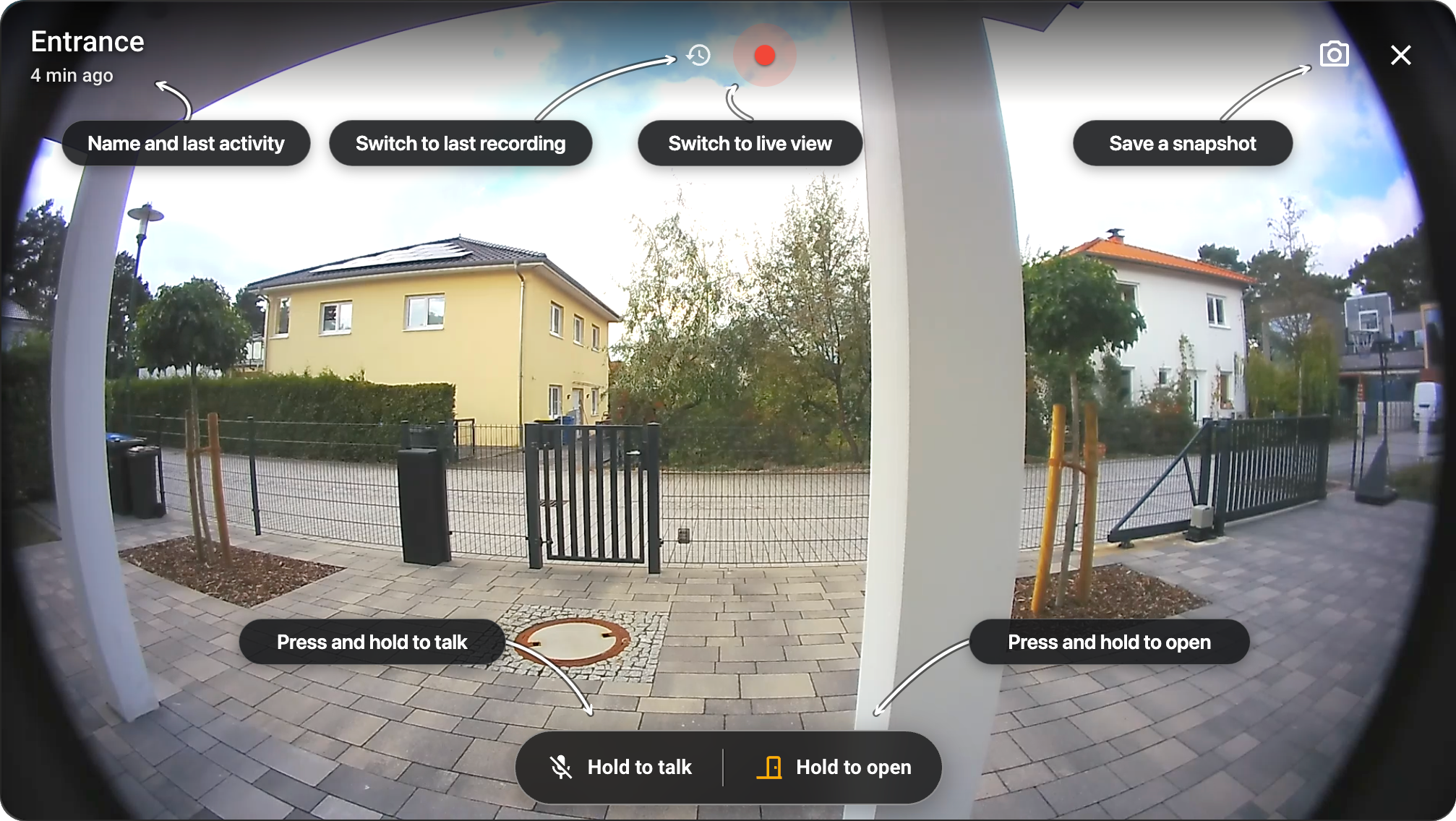 Ring View viewer annotated with camera name, last activity, Recording, Live, snapshot, Hold to talk, and Hold to open controls