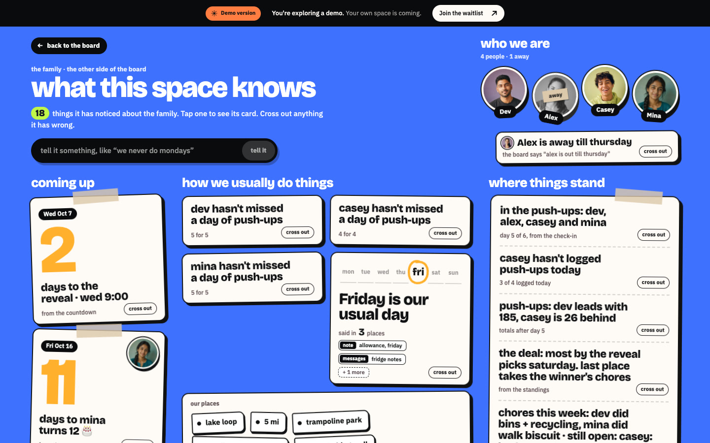What this space knows: each fact with its source, and a cross-out on every one