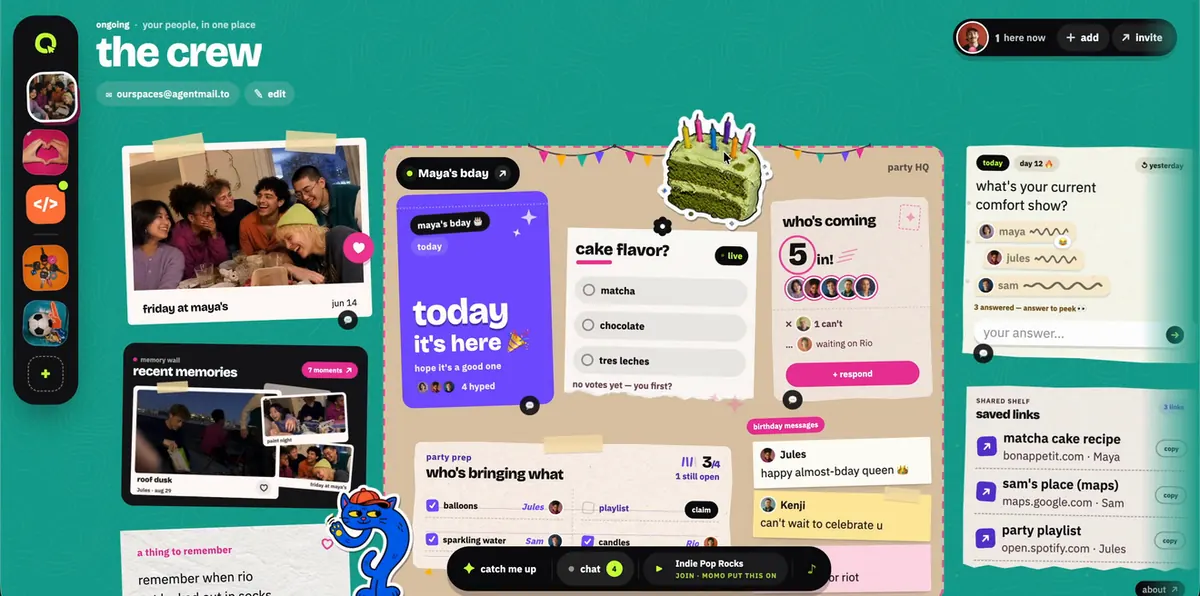 The crew's board: the view zooms into the saved links card and opens its thread. Every card is a real one, from the demo crew's room.