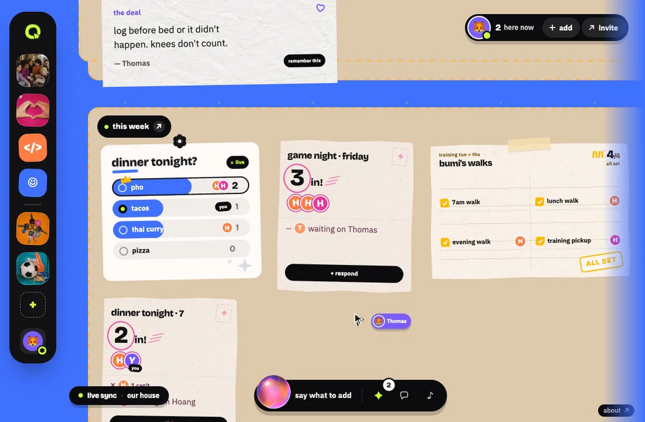 The AI adds "cook at home" to the dinner poll; 1 tap on undo takes it back