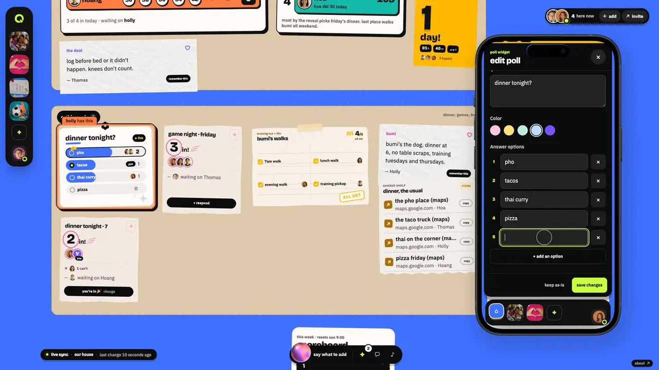 Holly is typing in the dinner poll on her phone, so Thomas's "add ramen" from his laptop waits on her, fills in with a real place from the web, and lands when she lets go. 38 of 38 held-card edits waited.