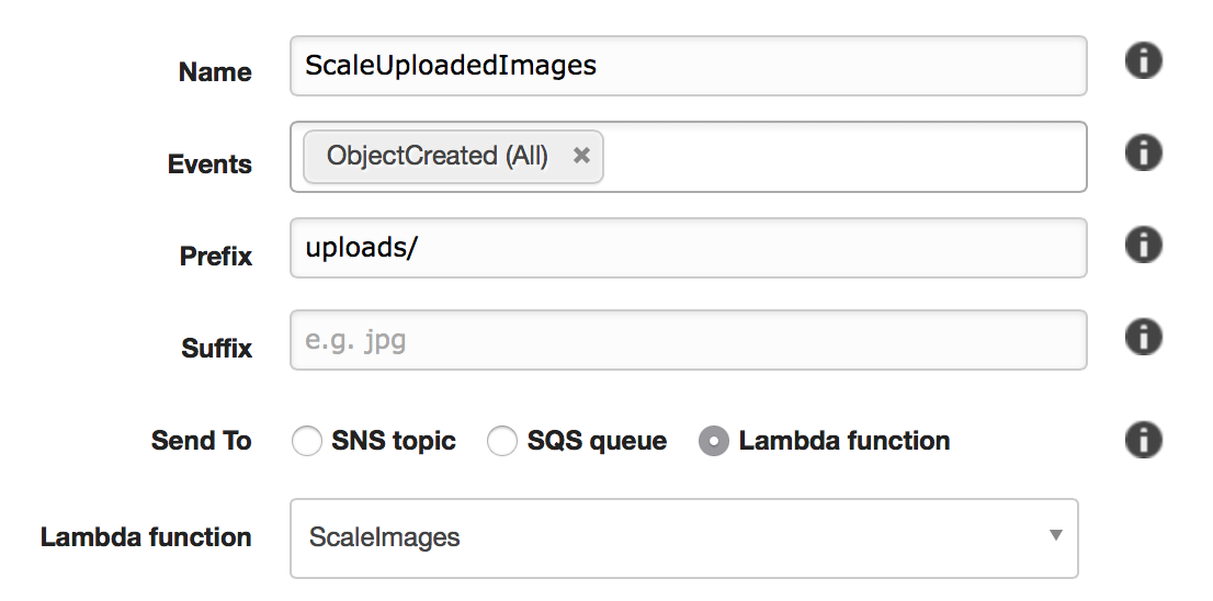 screenshot of config with prefix folder uploads/, and Send To set to our Lambda function.